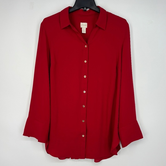 Chico's Size 2 Womens Large Button Front Blouse Red Gold Buttons Pleated Relaxed - Picture 1 of 9